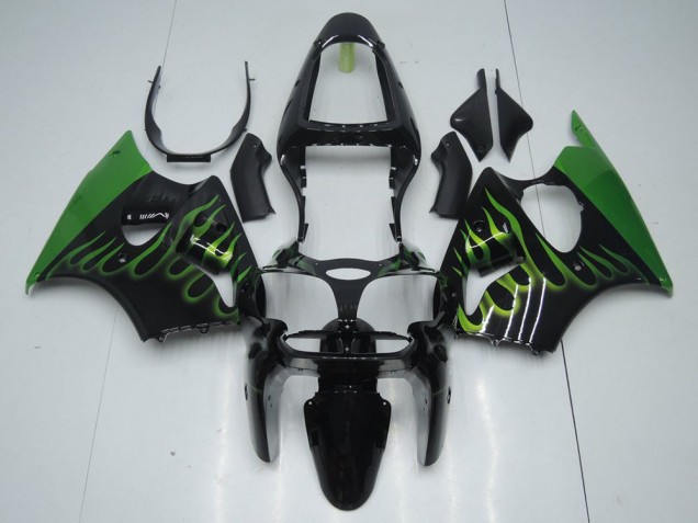 Kawasaki ZX6R 2000-2002 Verkleidungen - Schwarz mit Grün Flamme Verkauf