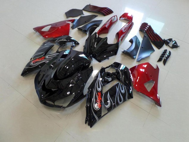 Kawasaki ZX14R ZZR 1400 2006-2011 Verkleidungen - Schwarze und rote Silberflamme Verkauf