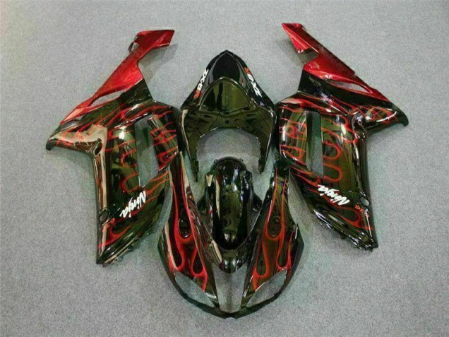 Kawasaki ZX6R 2007-2008 Verkleidungen - Schwarz rote Flamme Verkauf