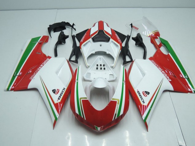 Ducati 848 1098 1198 2007-2014 Verkleidungen - Weiß Und Rot mit Grün Streifen Verkauf
